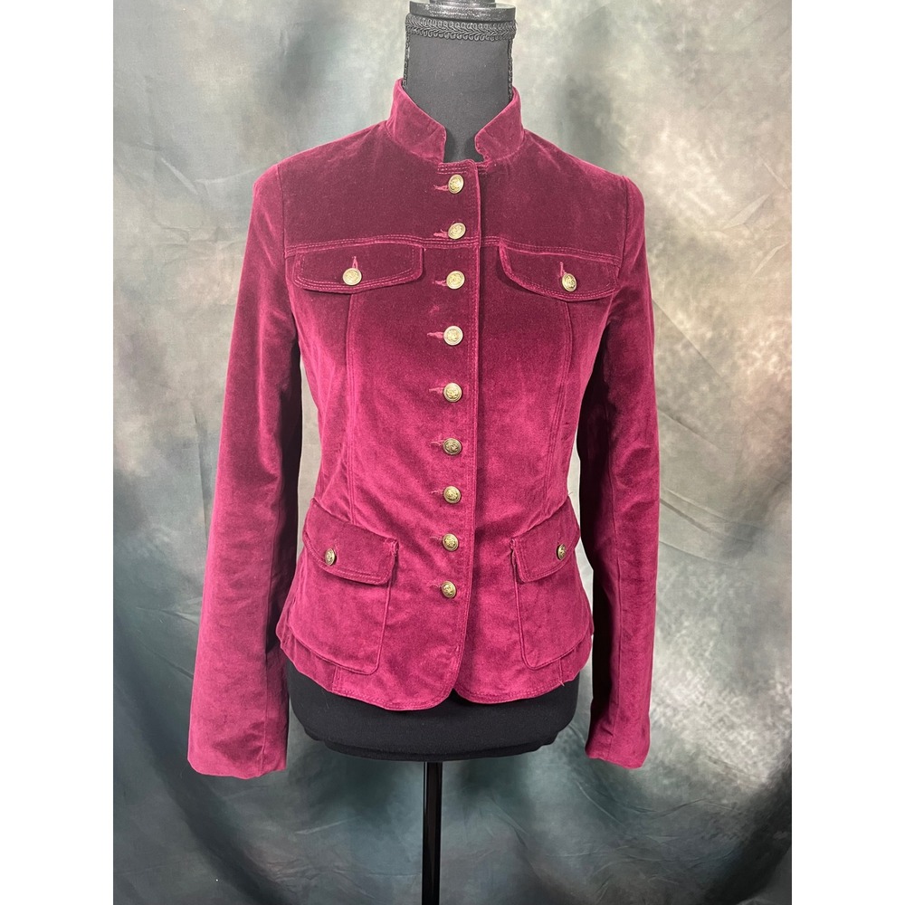 Twenty One Vintage Burgundy Velvet Military Jacket Brass Crest Button Small